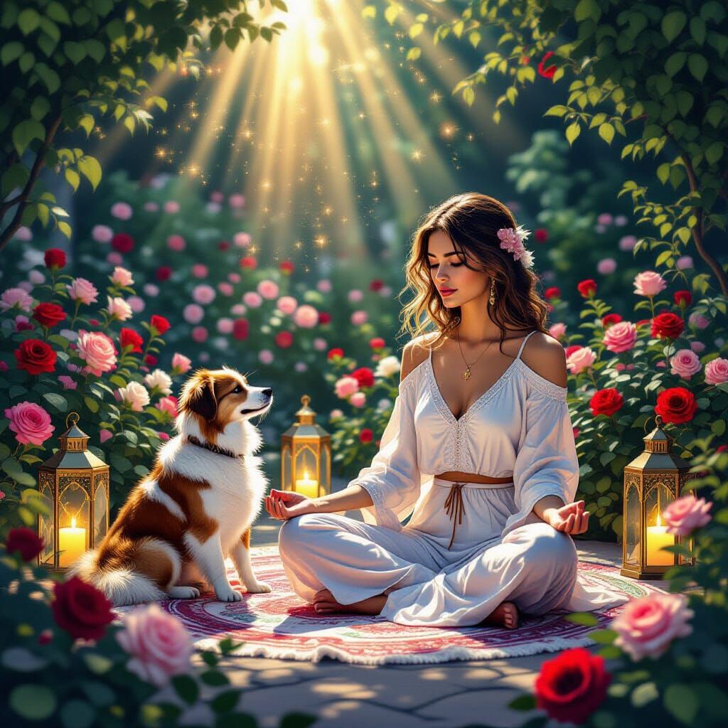 Woman and Dog Meditating in Rose Garden Under Golden Light