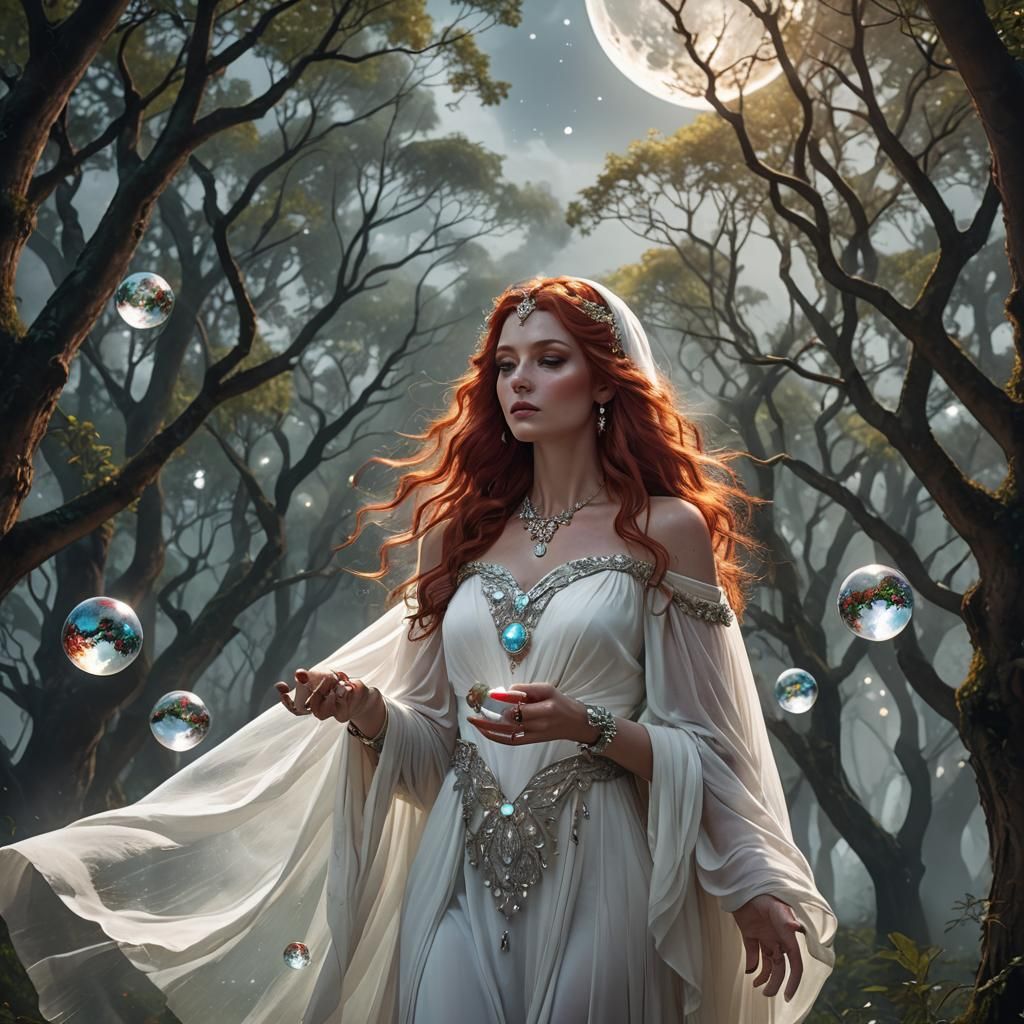Goddess with Red Hair in Ethereal Landscape
