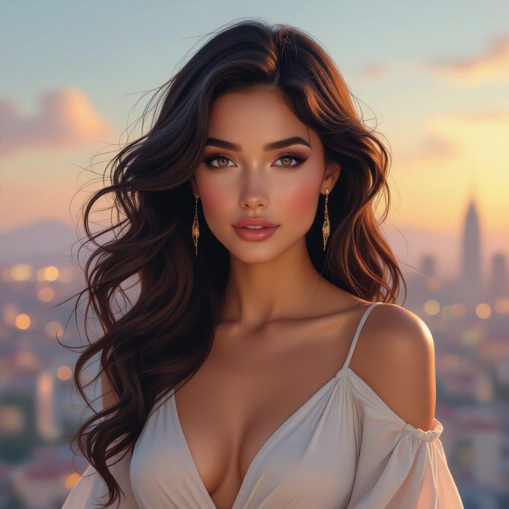 Elegant Woman in Serene Cityscape Digital Painting