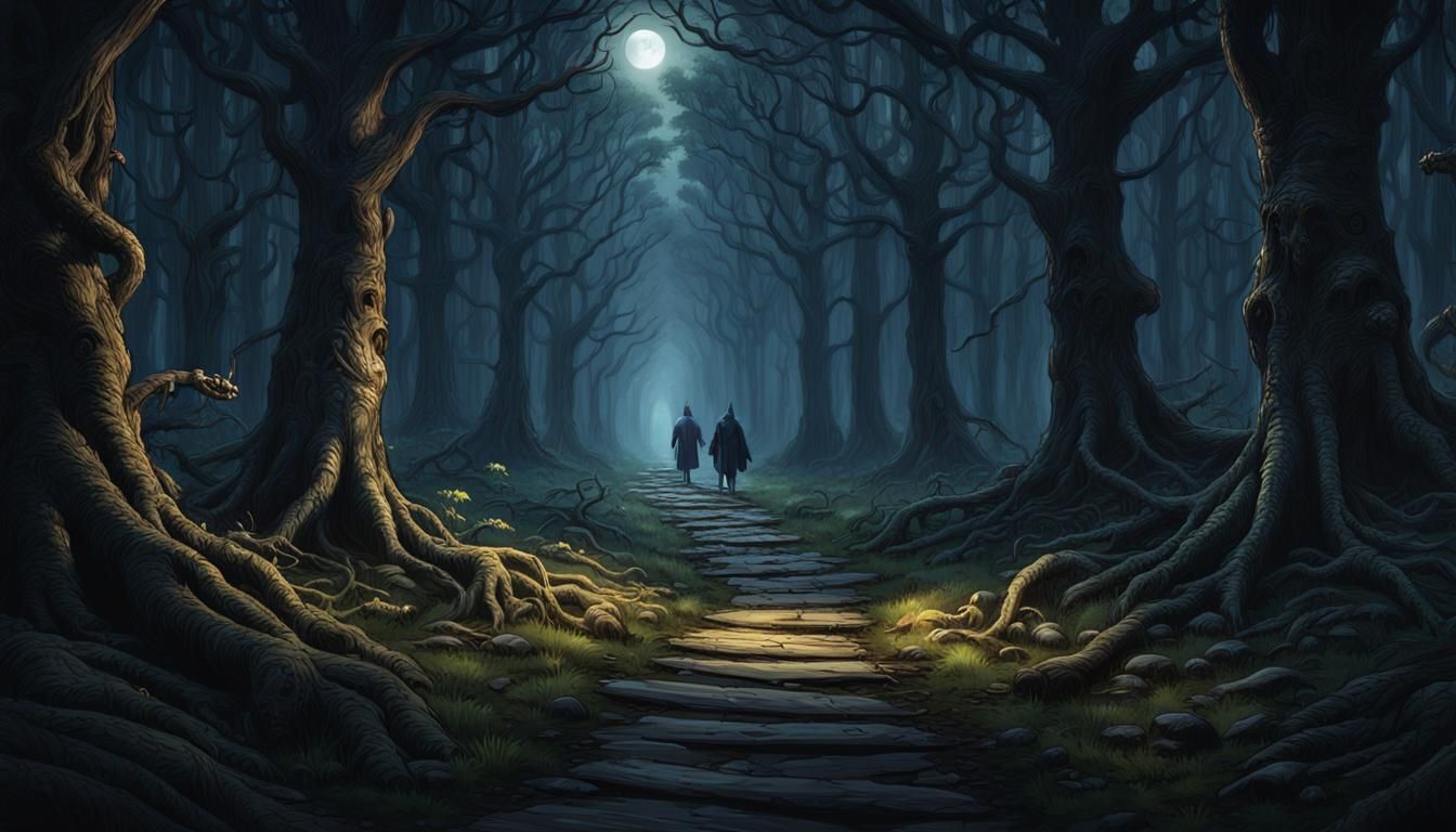 Ominous Forest Path with Light, Dark Fantasy Art