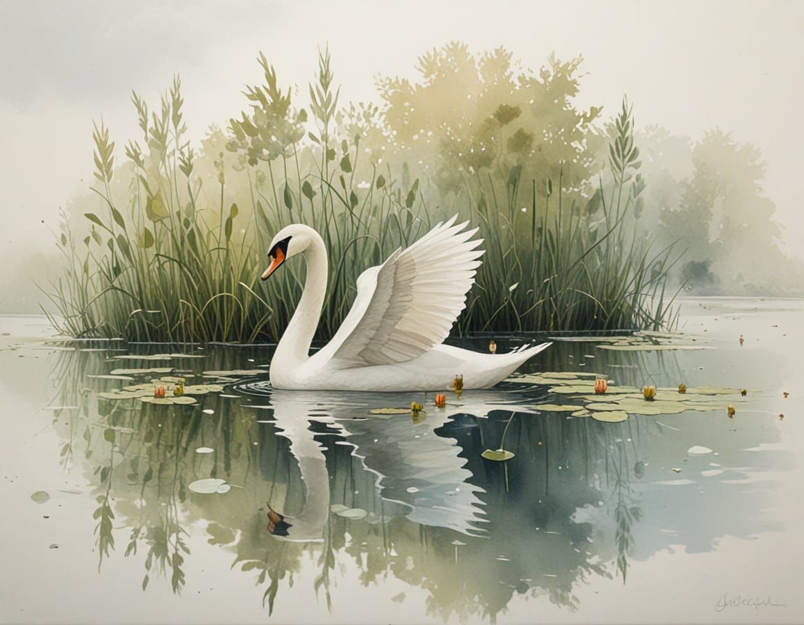 Dreamy Swan on Calm Lake with Water Lilies