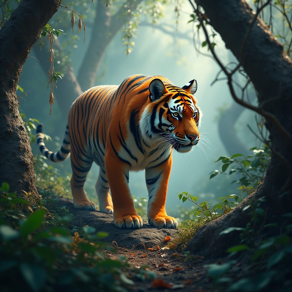 Majestic Bengal Tiger in a Lush, Mystical Jungle