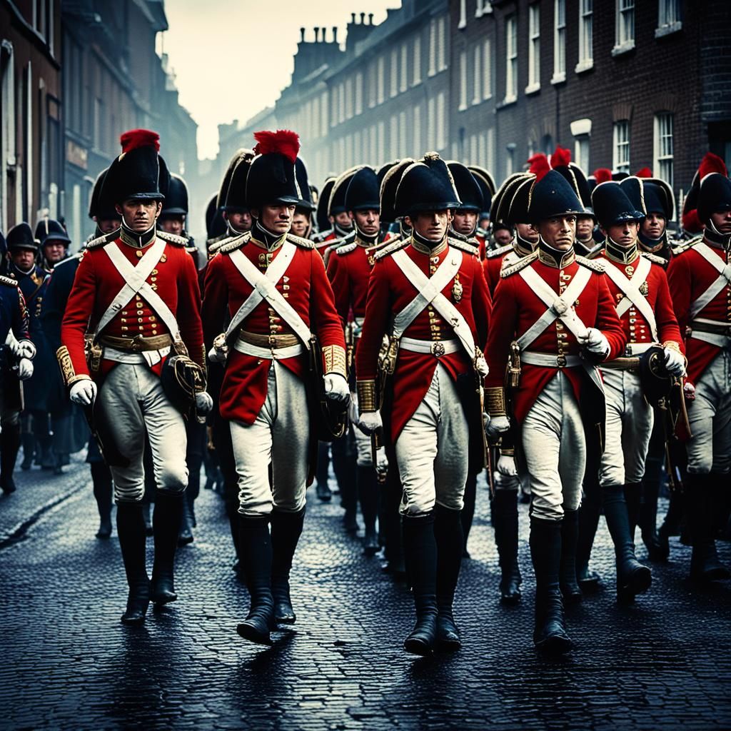 British Napoleonic Soldiers Marching: Cinematic Film Still