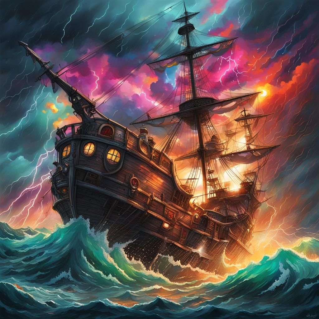 Sinking Pirate Ship in Lightning Storm: Graffiti Art