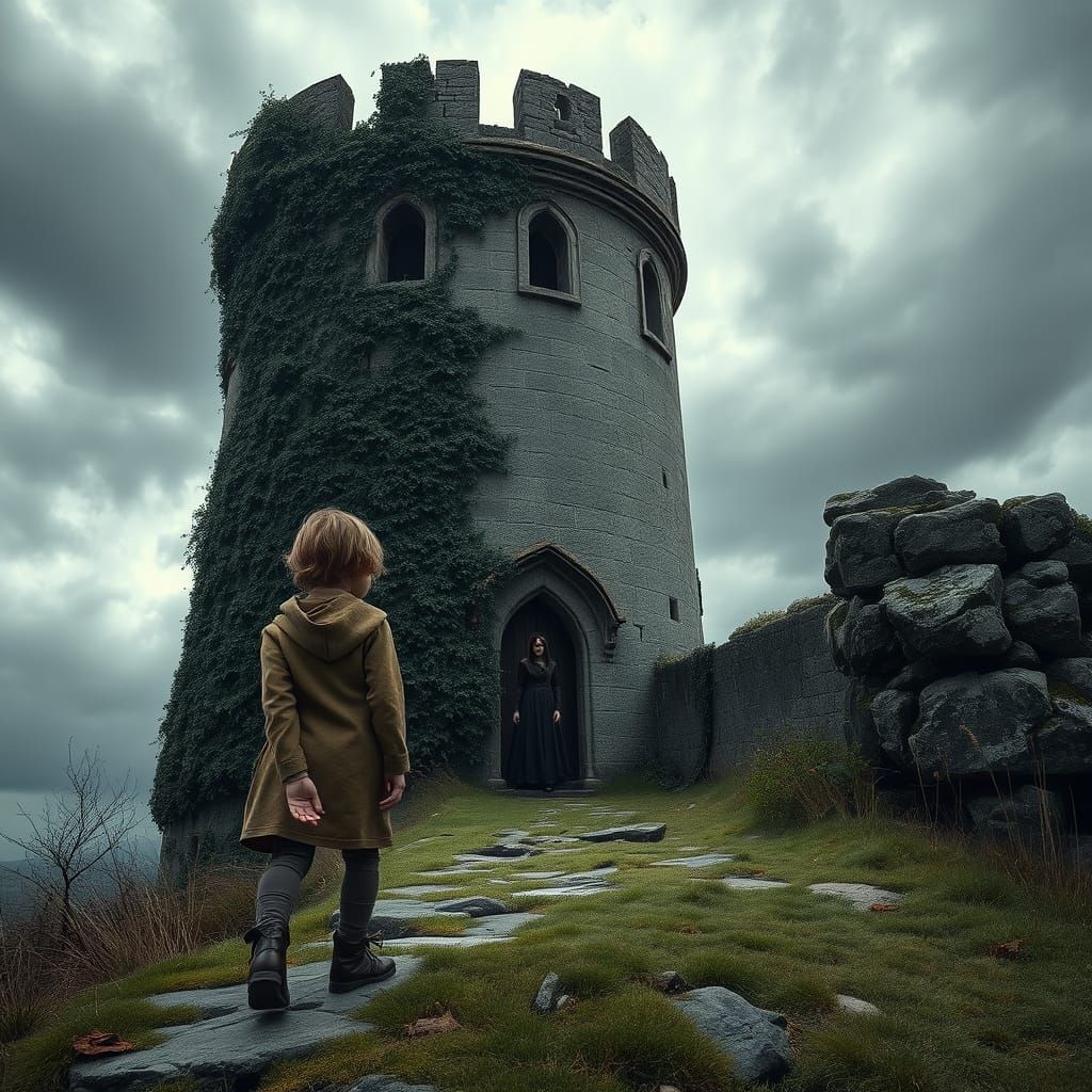 Mysterious Encounter Before Ancient Ruins in Dark, Moody Lan...