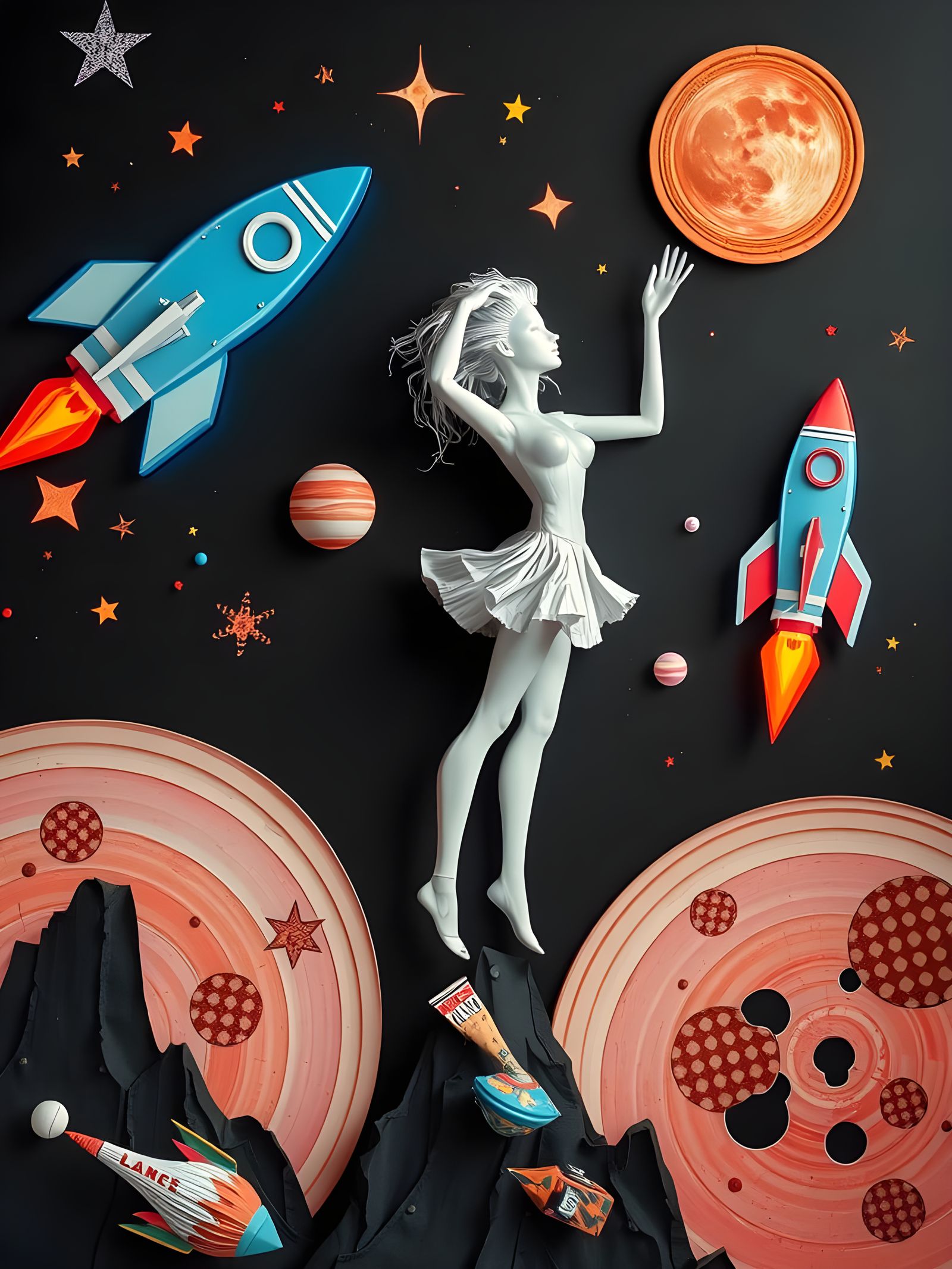 Neon Galaxy Goddess Ascends on Cosmic Rocket