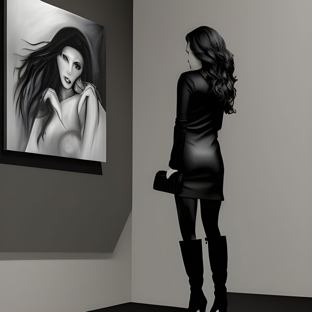 Woman in Gallery with Red Umbrella: Hyperrealistic 3D Art