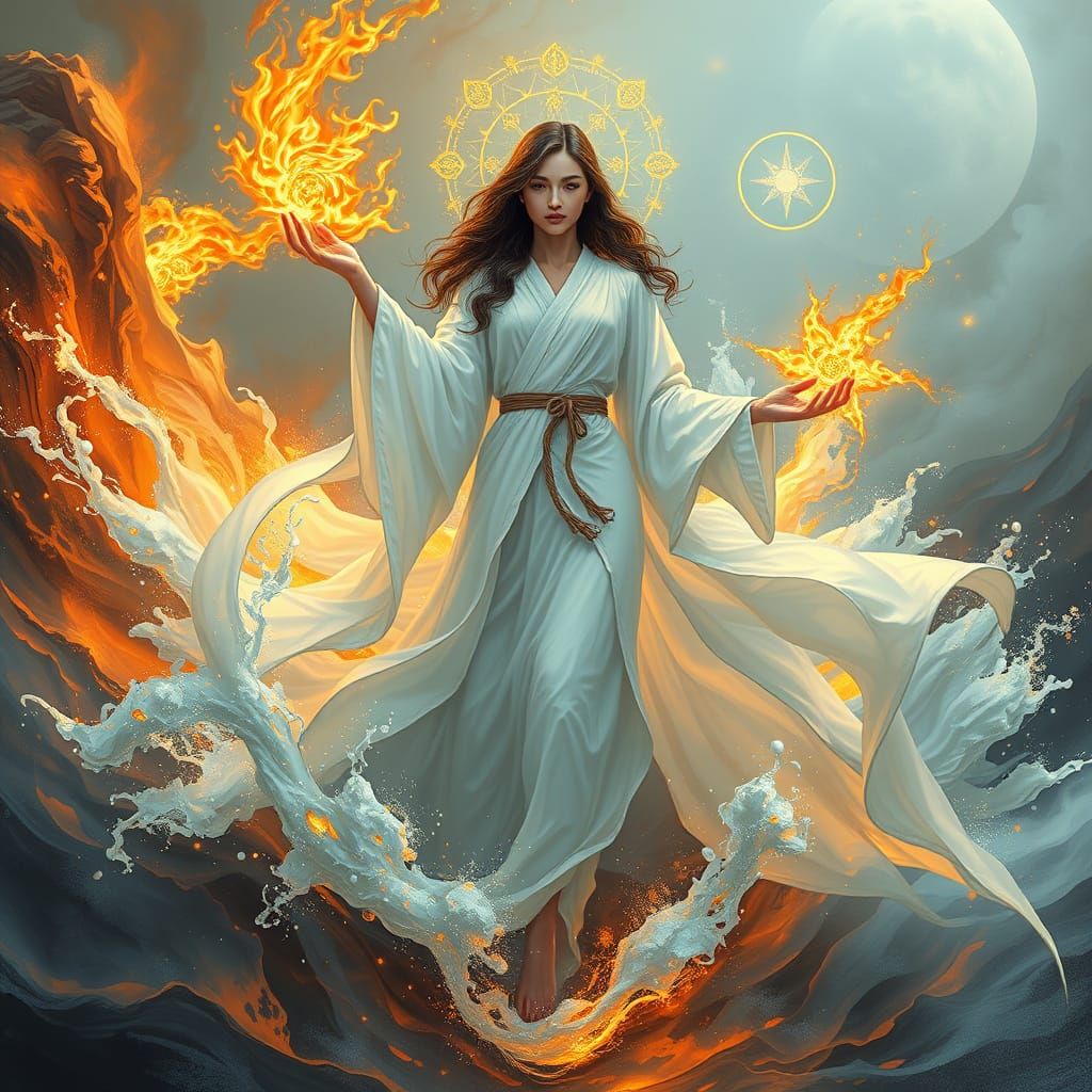 Ethereal Woman Emerges from Water and Fire