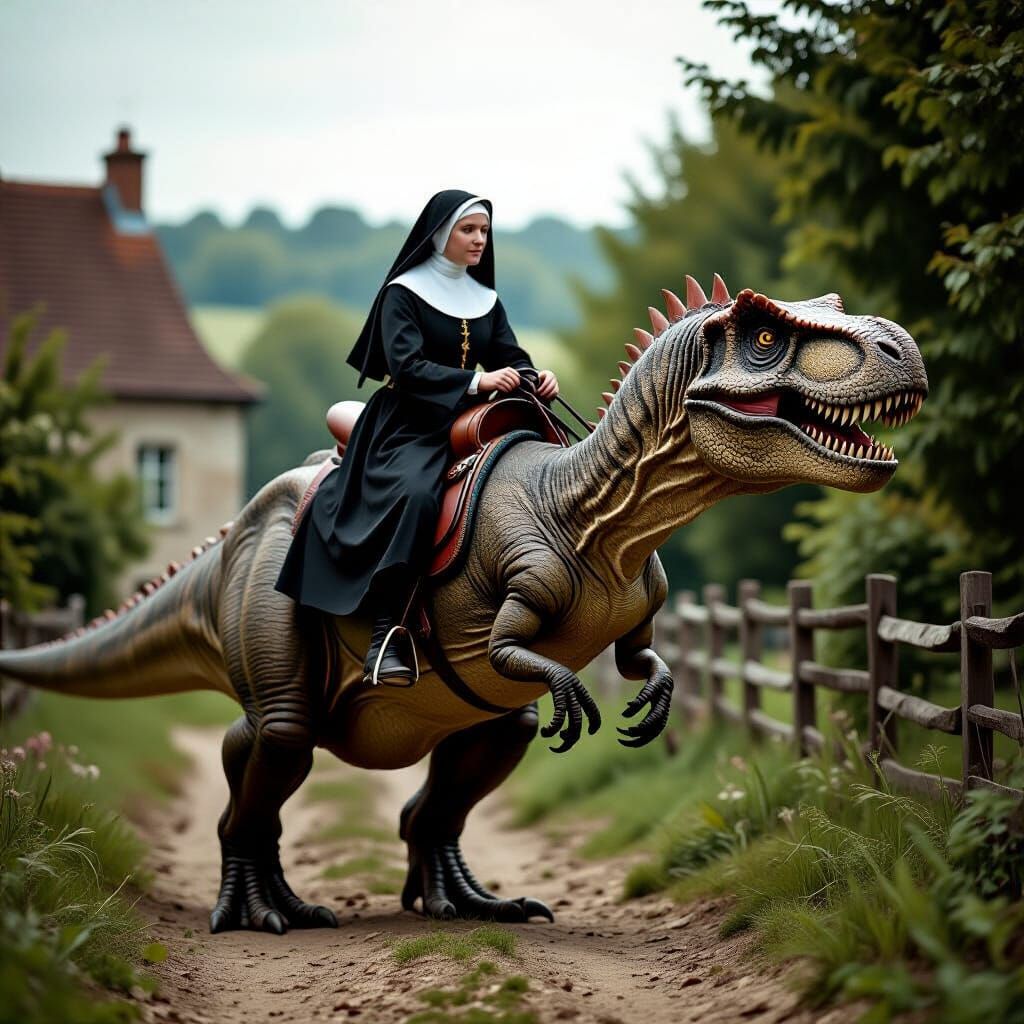 Nun Rides T-Rex in Pre-Raphaelite Style