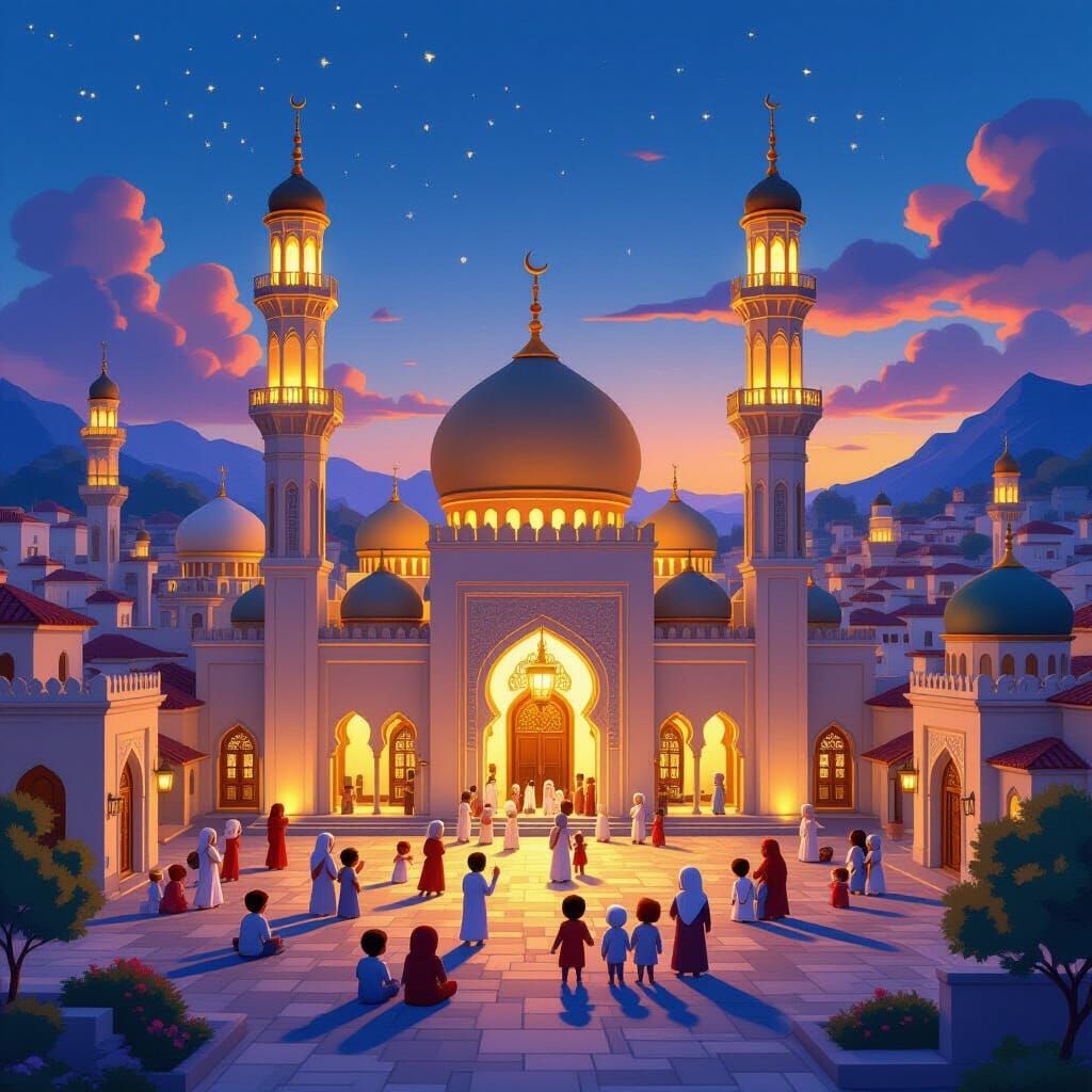 Cartoon Islamic Village at Dusk in 3D