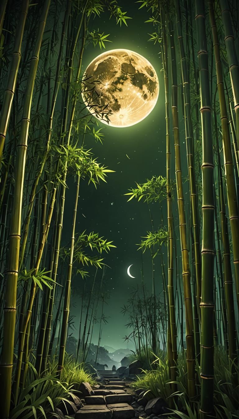 Golden Moon Through Bamboo: Klimt-Inspired Fantasy Art