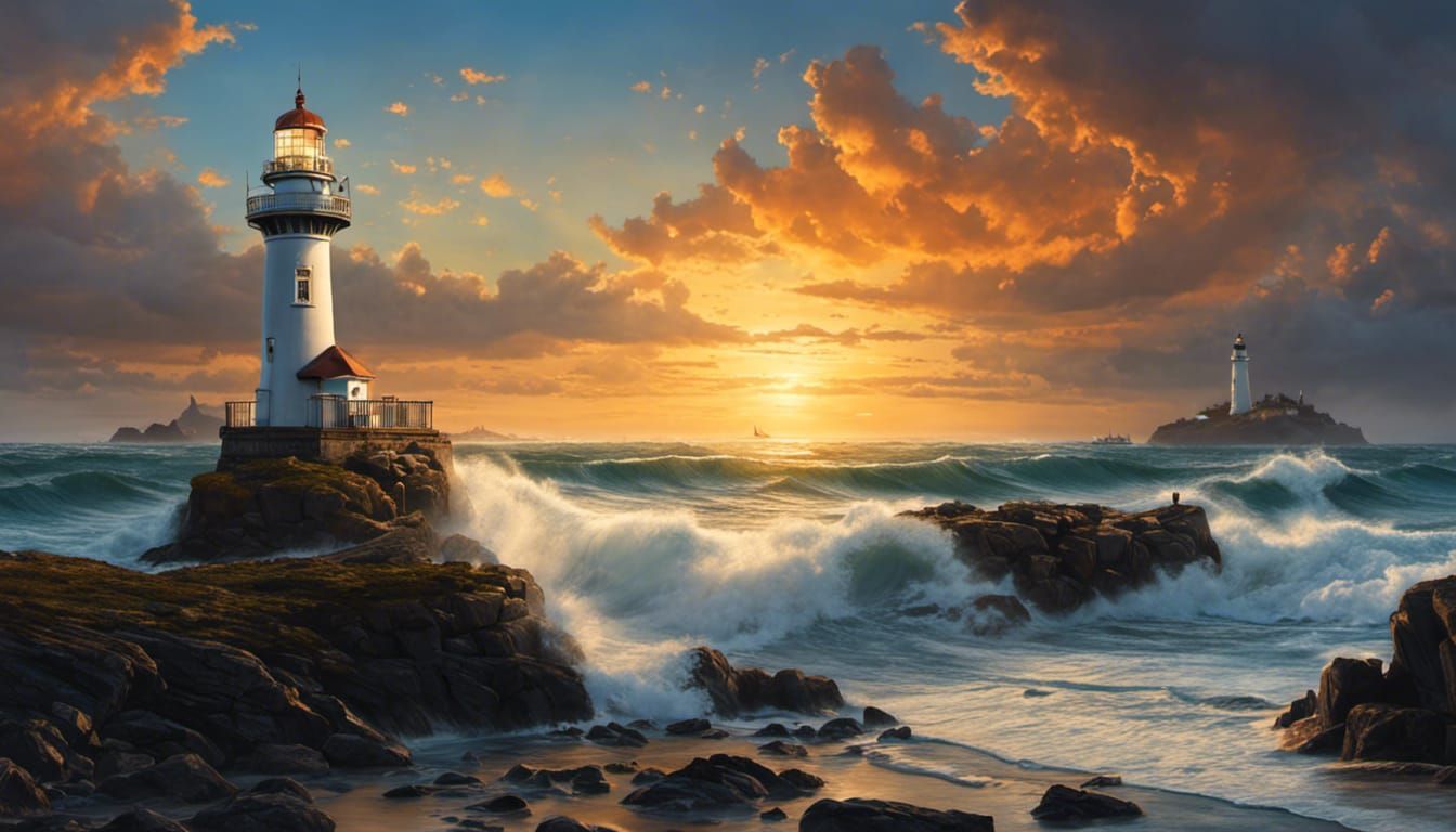 Magnificent Seascape with Lighthouse at Sunset