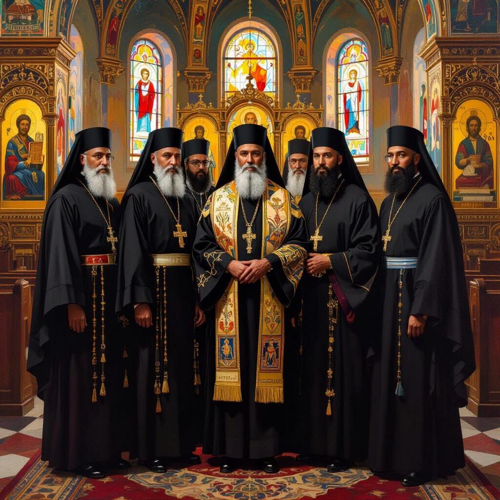 Black Orthodox Priests in Ornate Church, Expressive Realism