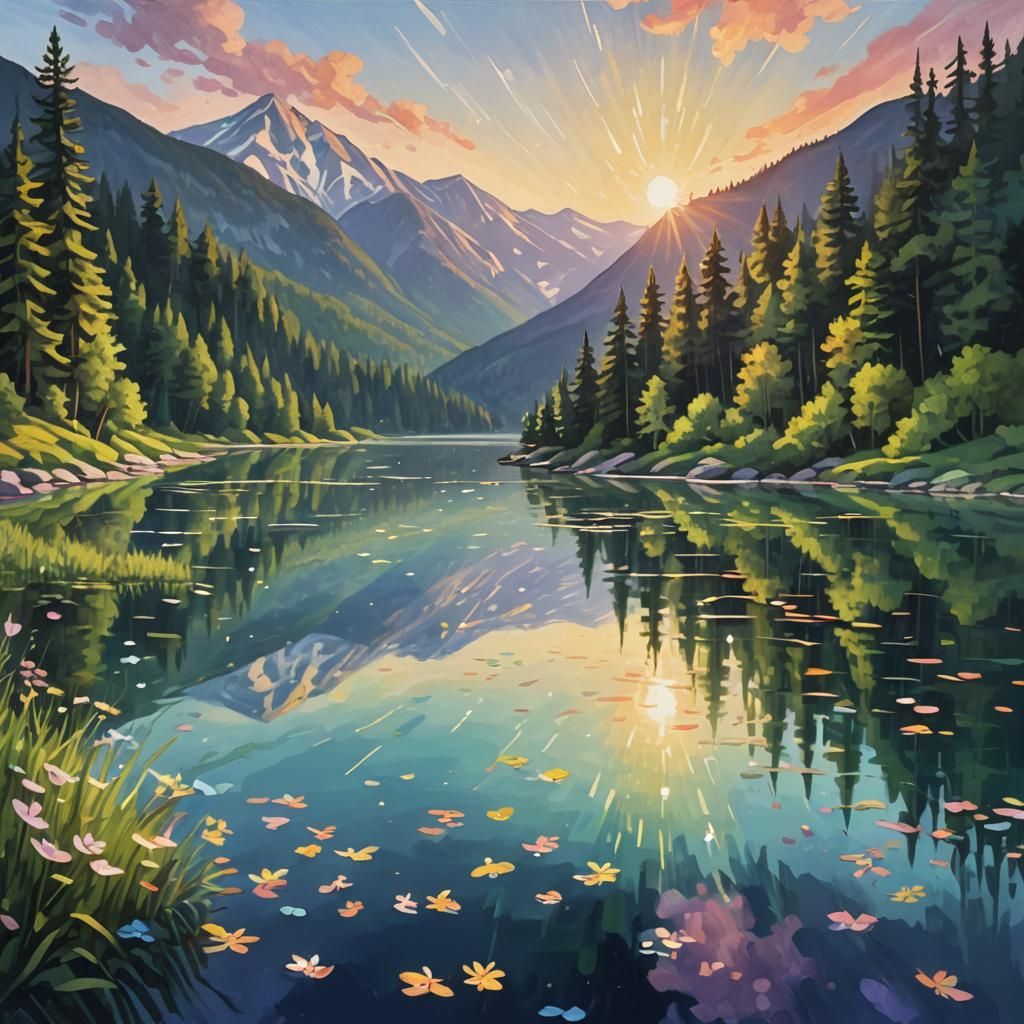 Alpine Lake with Fireflies in Fauvist Style