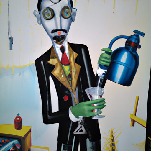 Surreal Cyborg Bartender in Dali-esque Oil Painting