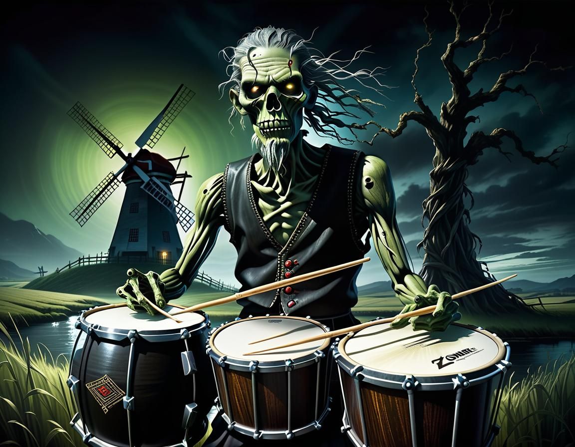 Zombie, tree, windmill, river, drumkit