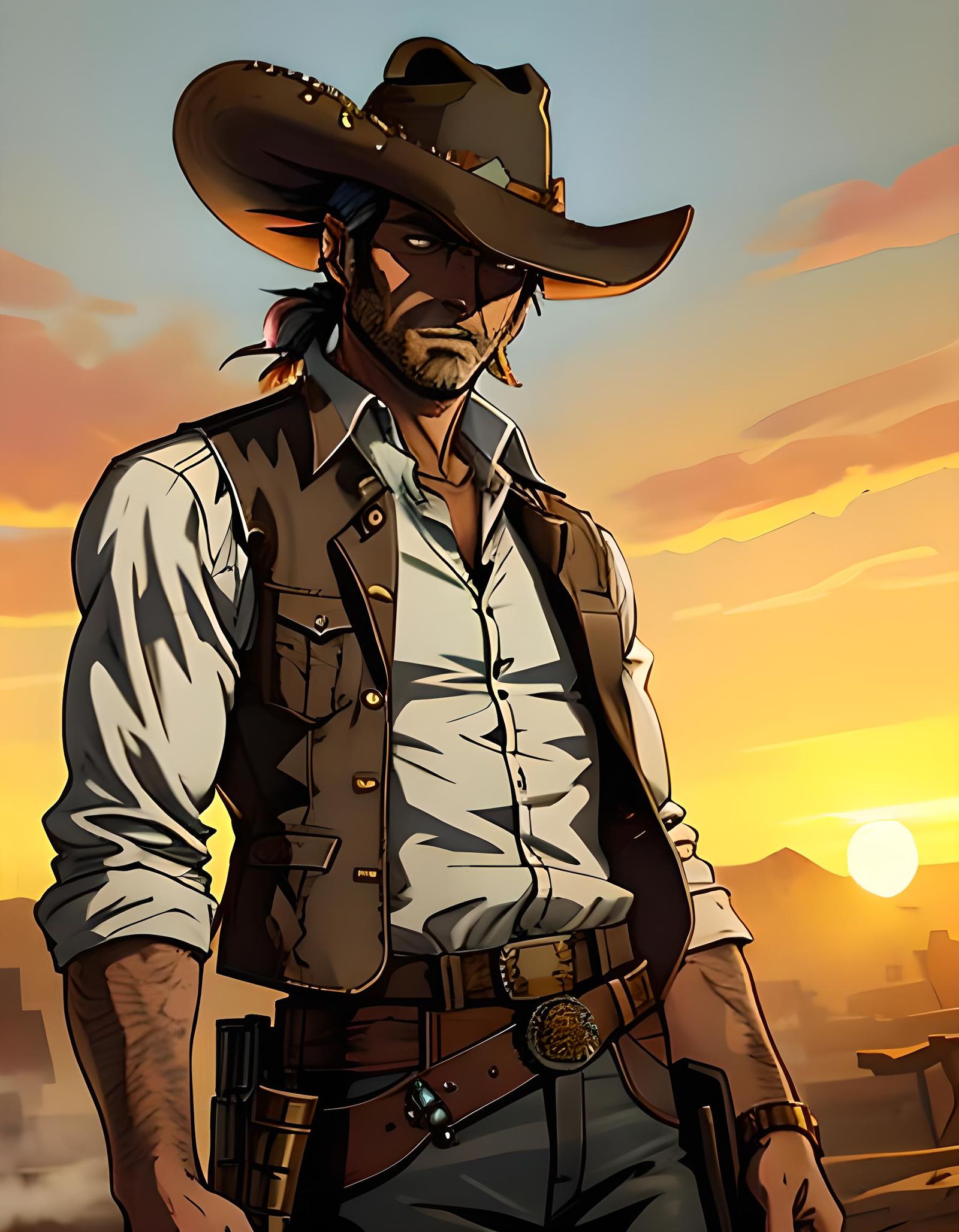 Wild West Gunslinger in Golden Sunset, Cel-Shaded