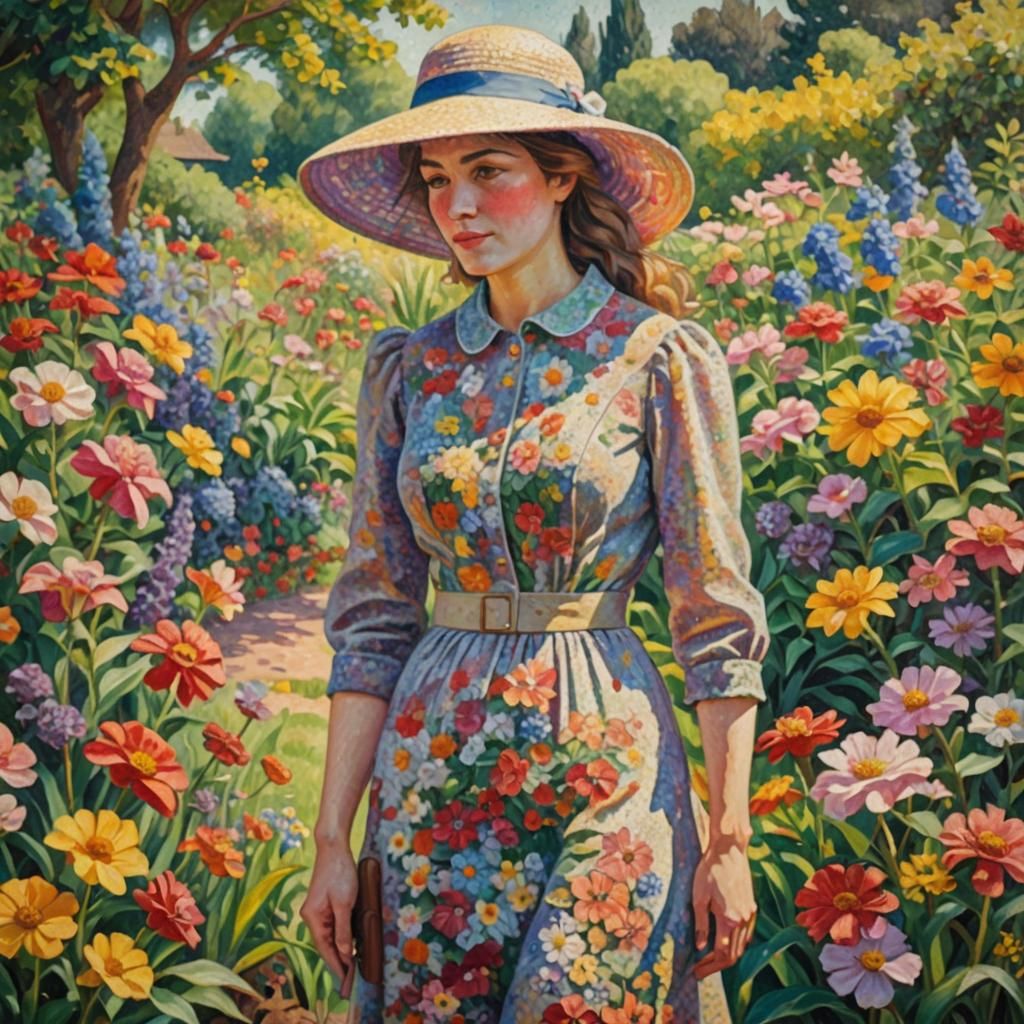 Woman in Floral Dress: Pointillist Impasto Oil Painting