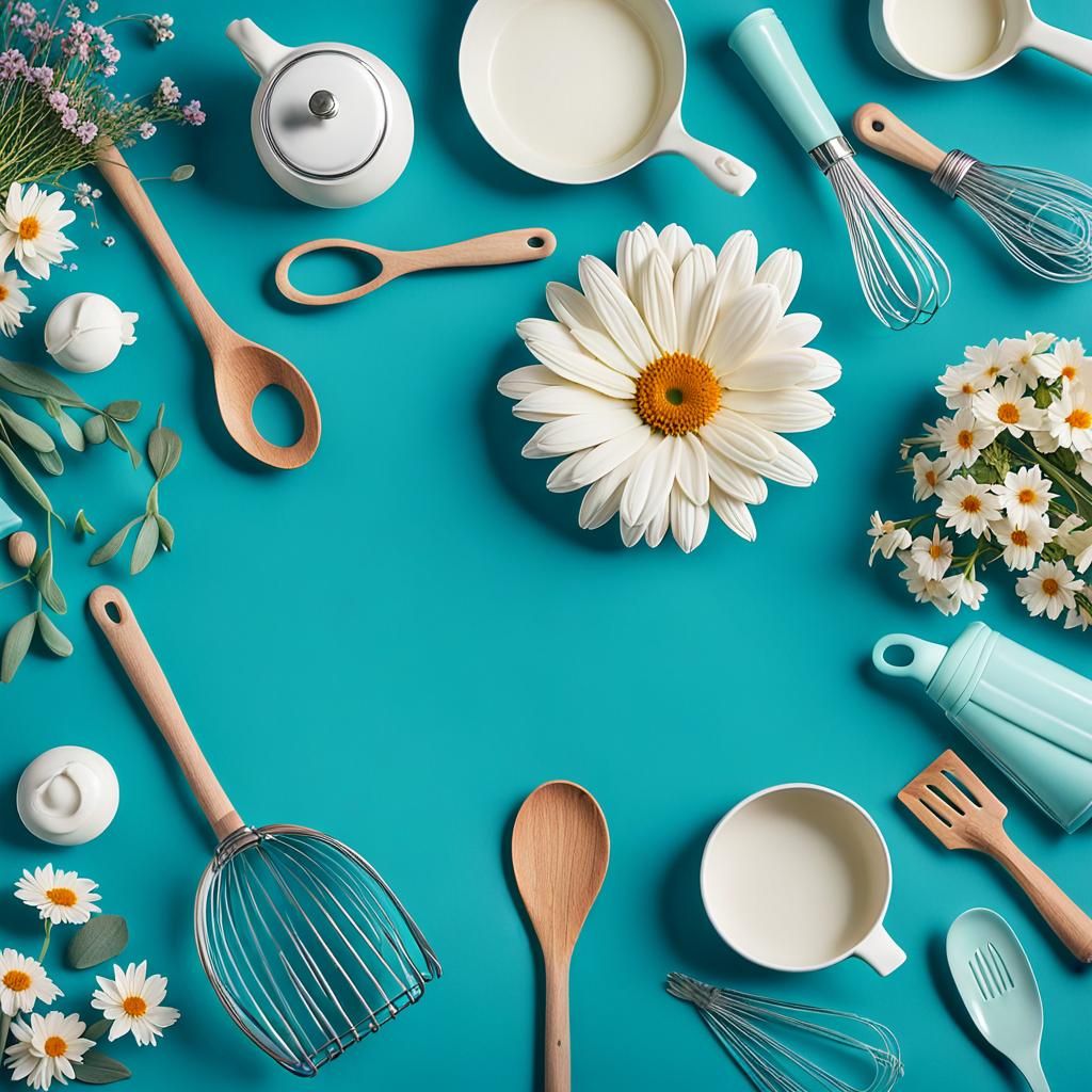 Flat-Lay Composition of Kitchen Utensils and Flowers