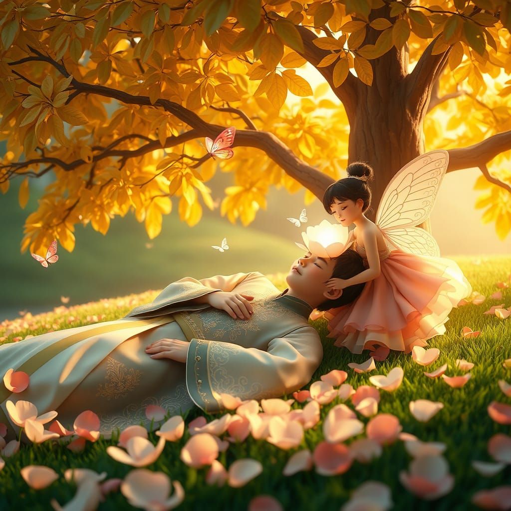 Prince in Whimsical Eastern Fantasy Scene with Golden Tree a...