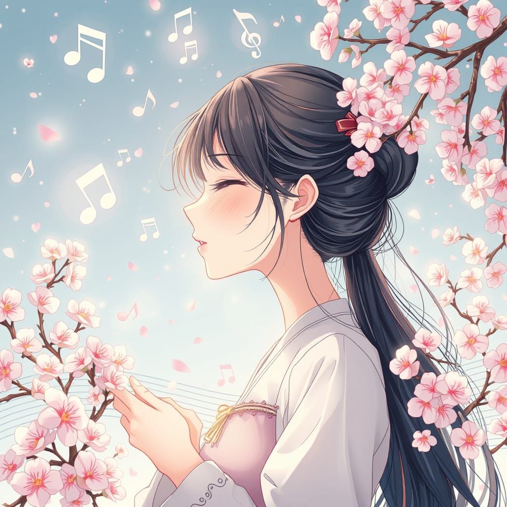 Anime Woman Humming Melodies with Cherry Blossoms