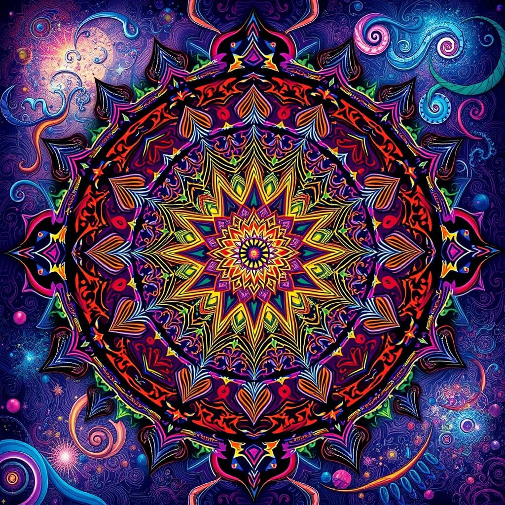 Psychedelic Mandala with Intricate Geometric Patterns