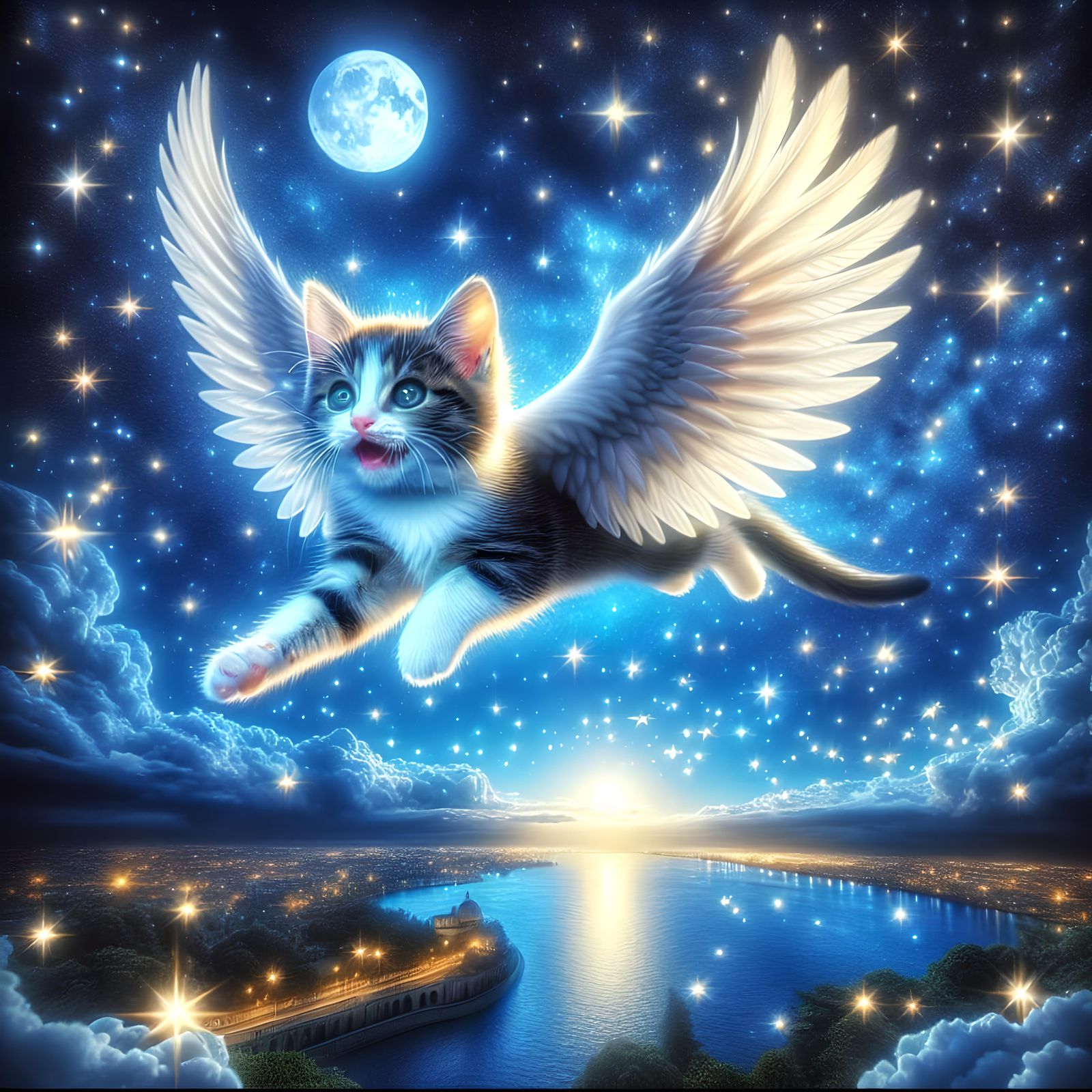 Winged Kitten's Moonlit Flight in Hyperreal Detail