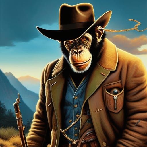 Chimpanzee Cowboy Portrait in Comic Book Style