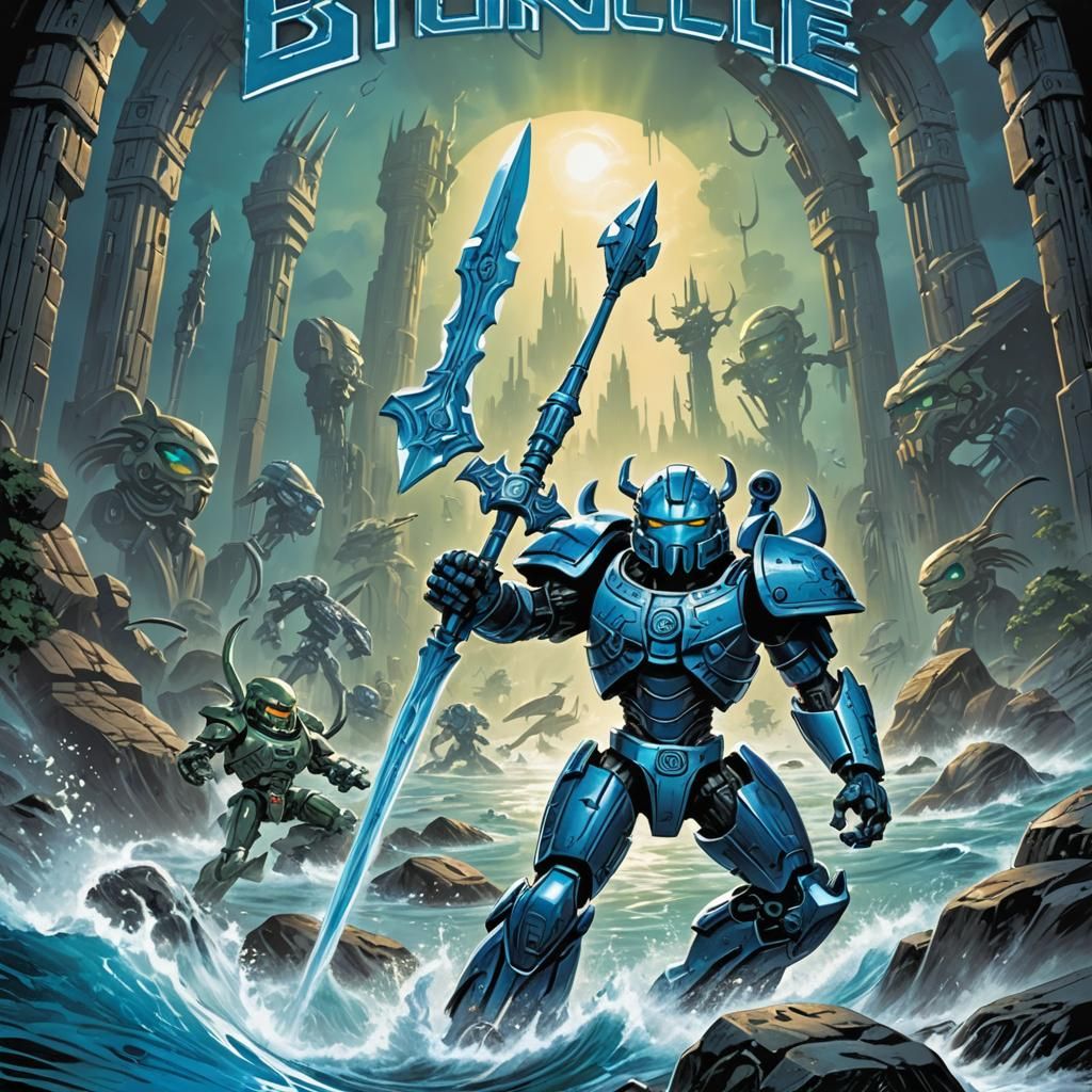 Blue Bionicle Trident Wielder: 80s Comic Book Cover