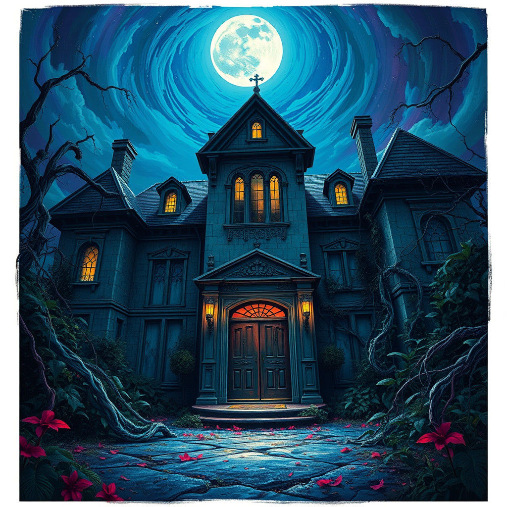 Eerie Dilapidated Mansion in Hyperrealistic Style
