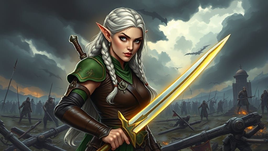 Dark Fantasy Elf Warrior Stands Defiant on Battlefied