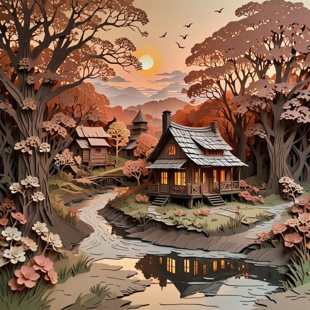 Charming Kirigami Hut at Sunset in Papercraft Style