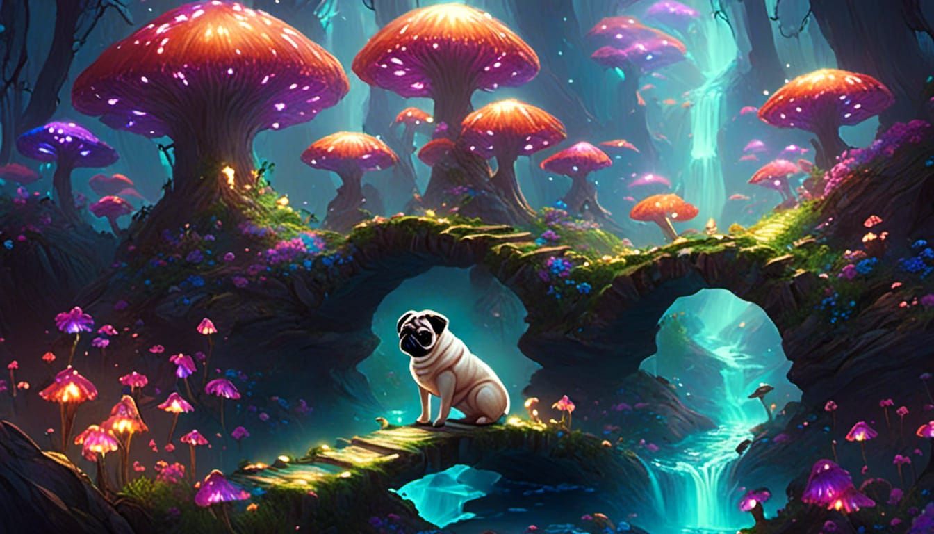 Glowing Fantasy Mushrooms with Pug on Bridge