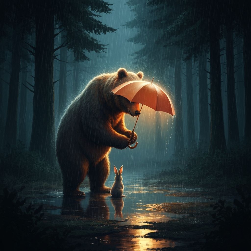 Bear Protects Rabbit Under Umbrella in Rainy Forest