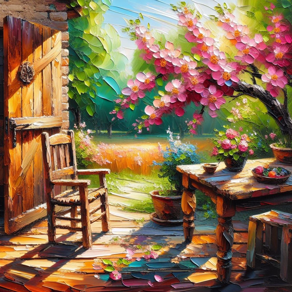 Impasto Oil Painting of Serene Rural Courtyard