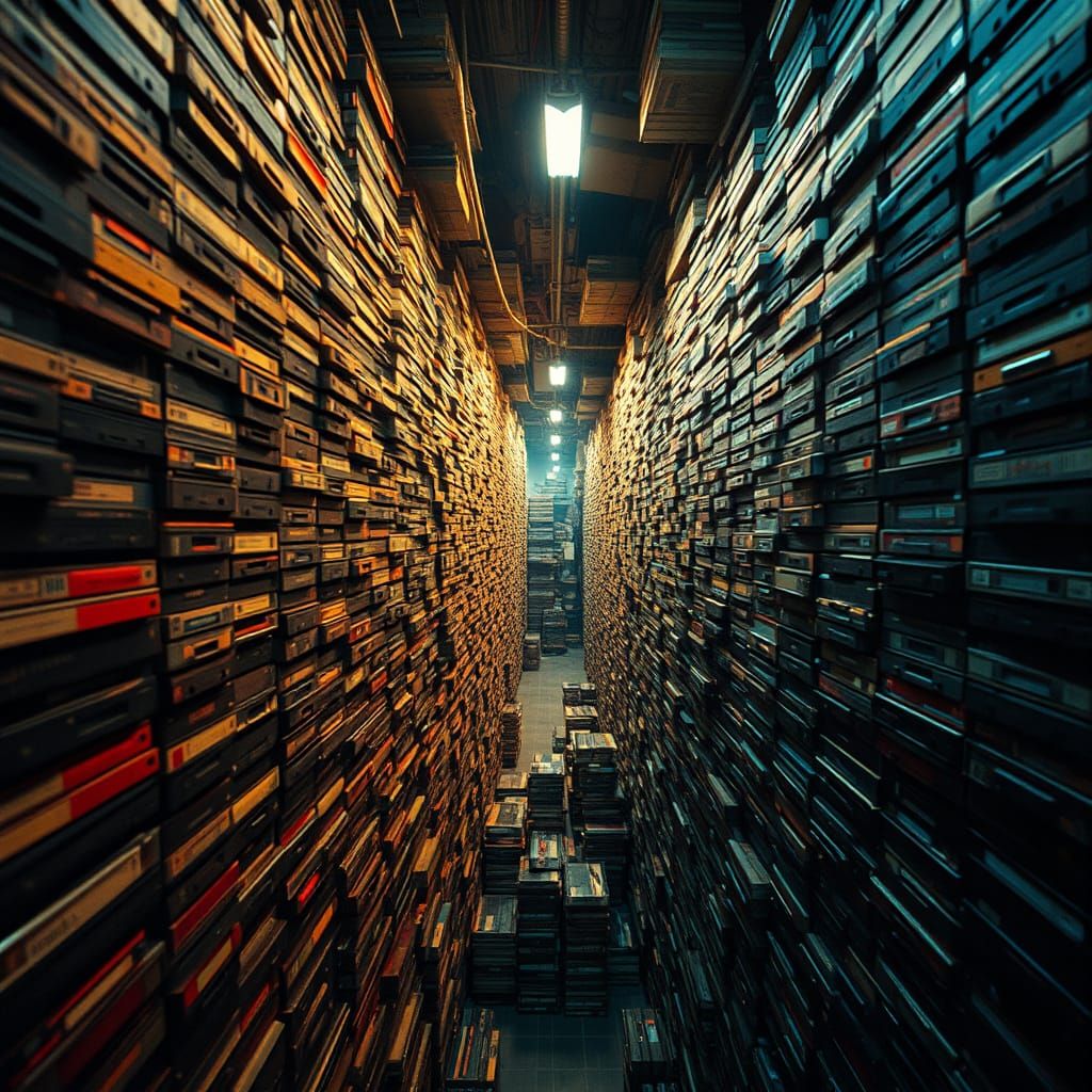 Vibrant Labyrinth of Vintage Cassette Tapes in Cinematic Glo...