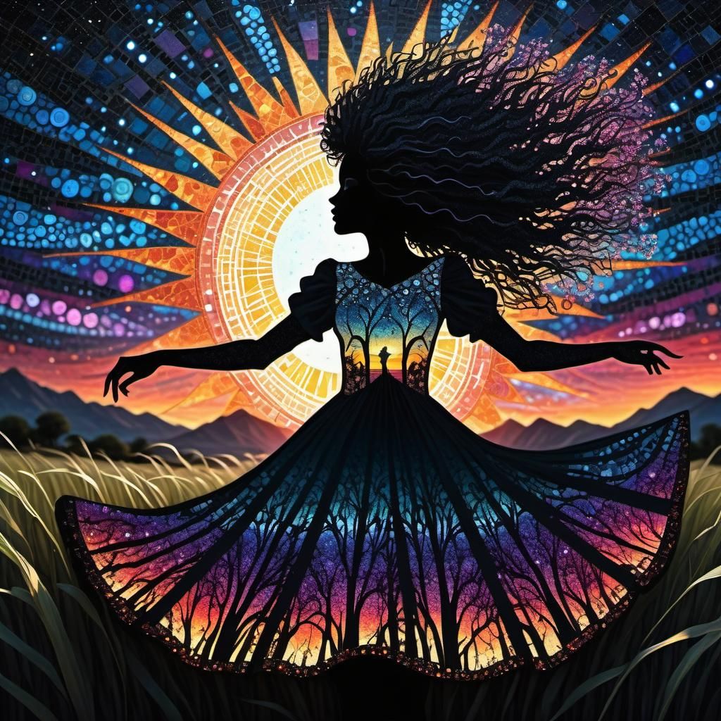 Gothic Woman Dancing Under Cosmic Sunset, Digital Art