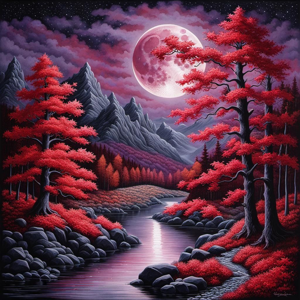 Red Moon Over Maple Trees: Detailed Digital Painting