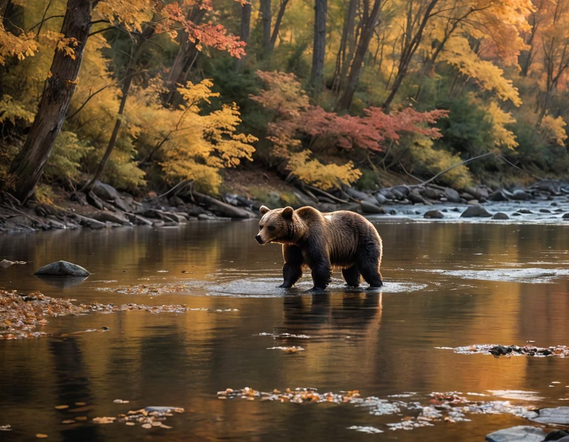 Bear Swimming in Autumn Stream: Ansel Adams Style