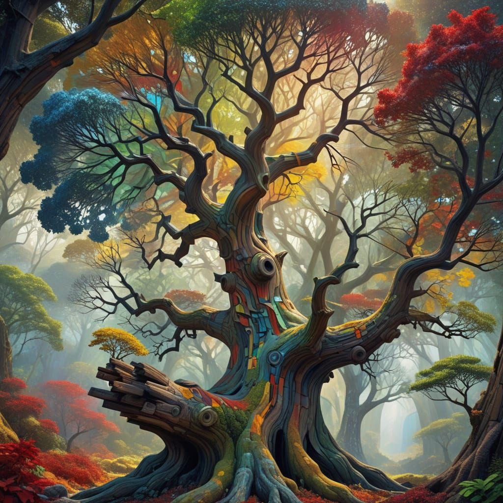 Ancient Tree in Vibrant Geometric Hues