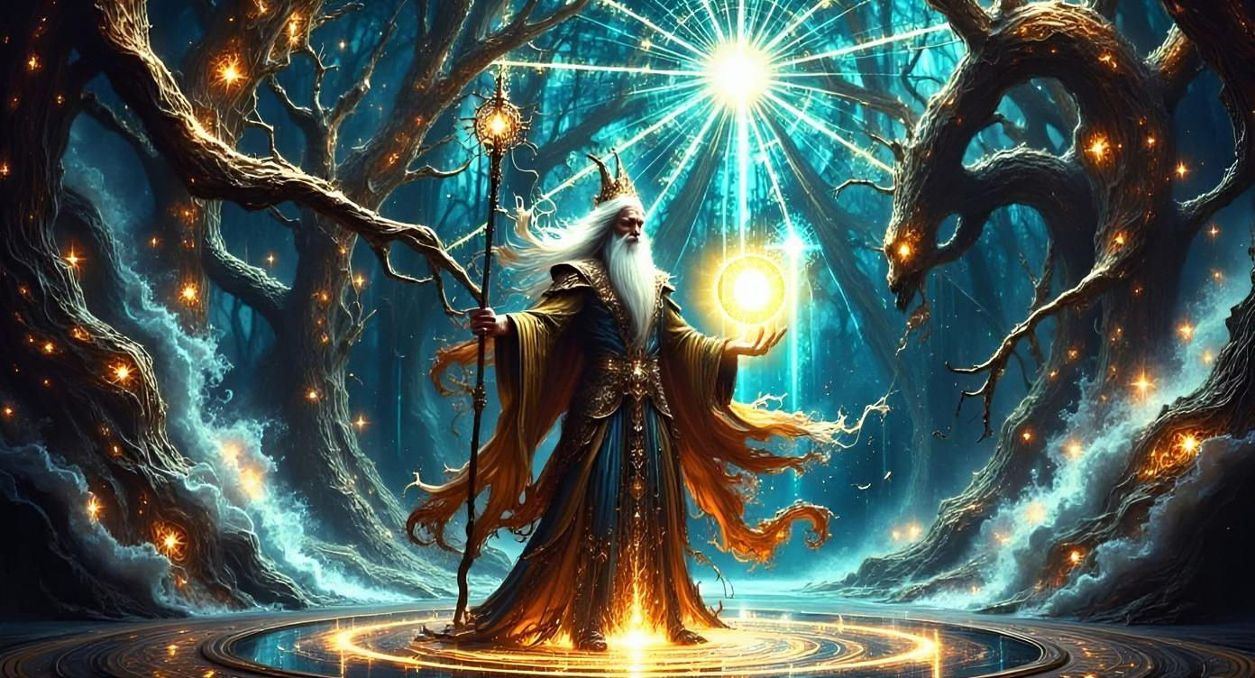 Wizard Summons Water Elemental with Glowing Runes