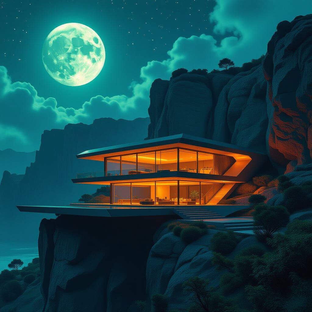 Futuristic Cliffside Villa in Neon-Lit Landscape