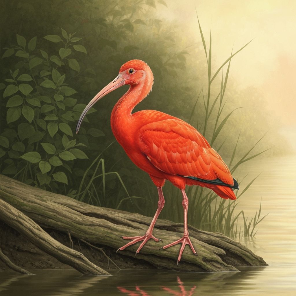 Scarlet Ibis on Riverbank in Audubon Style