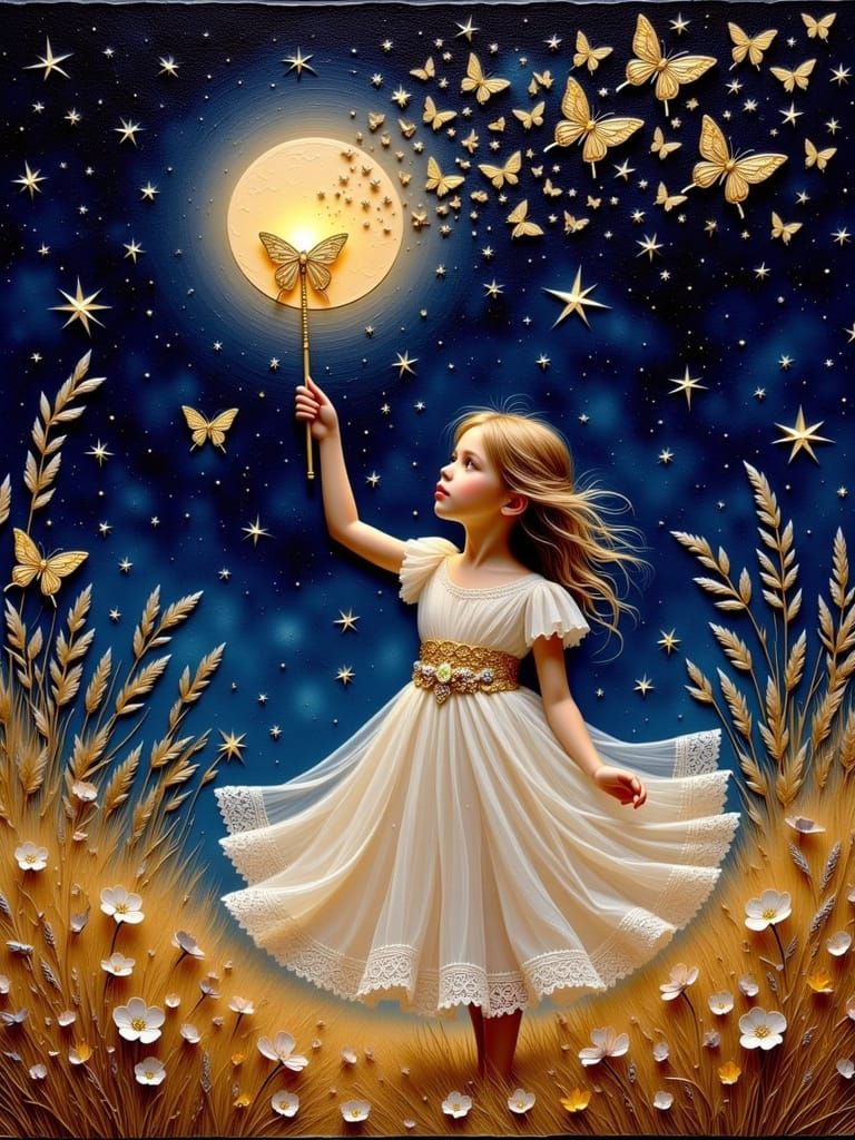 Enchanting Nighttime Scene with Magical Girl and Celestial B...