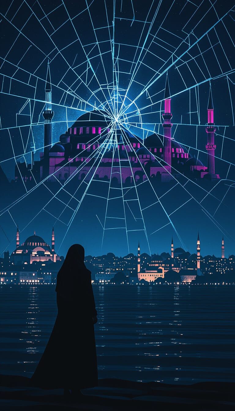 Istanbul Skyline at Night with Architectural Blueprint Sky