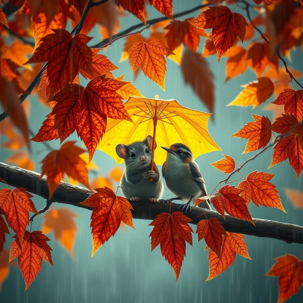 Mouse and Bird Share Autumn Leaf Umbrella