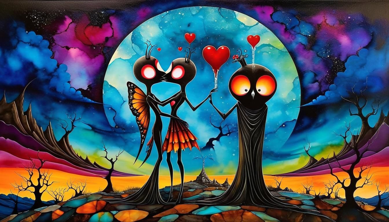 Surreal Creatures' Last Kiss: An Alcohol Ink Painting