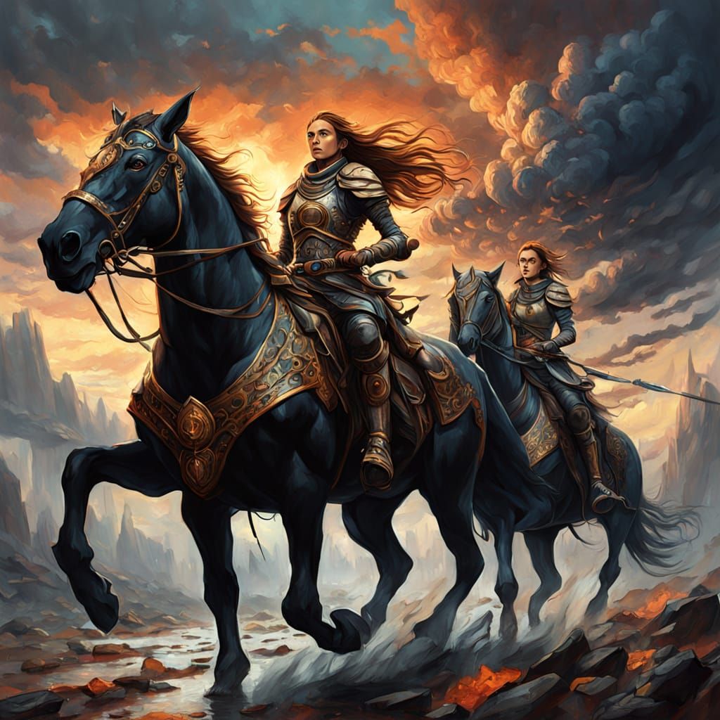 Female Warriors Ride into Battle in Surreal Oil Painting