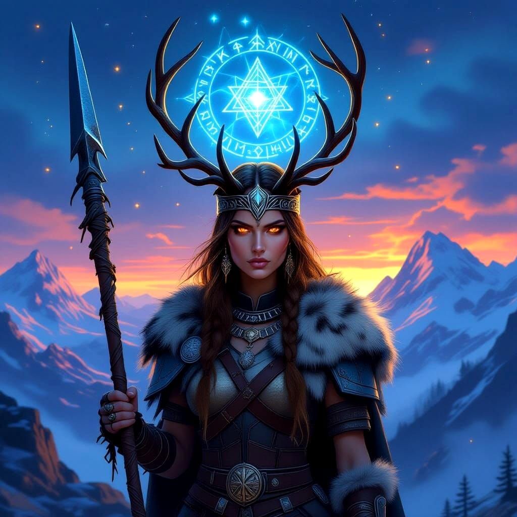 Norse Warrior Woman in Antler Headdress Against Twilight Mou...