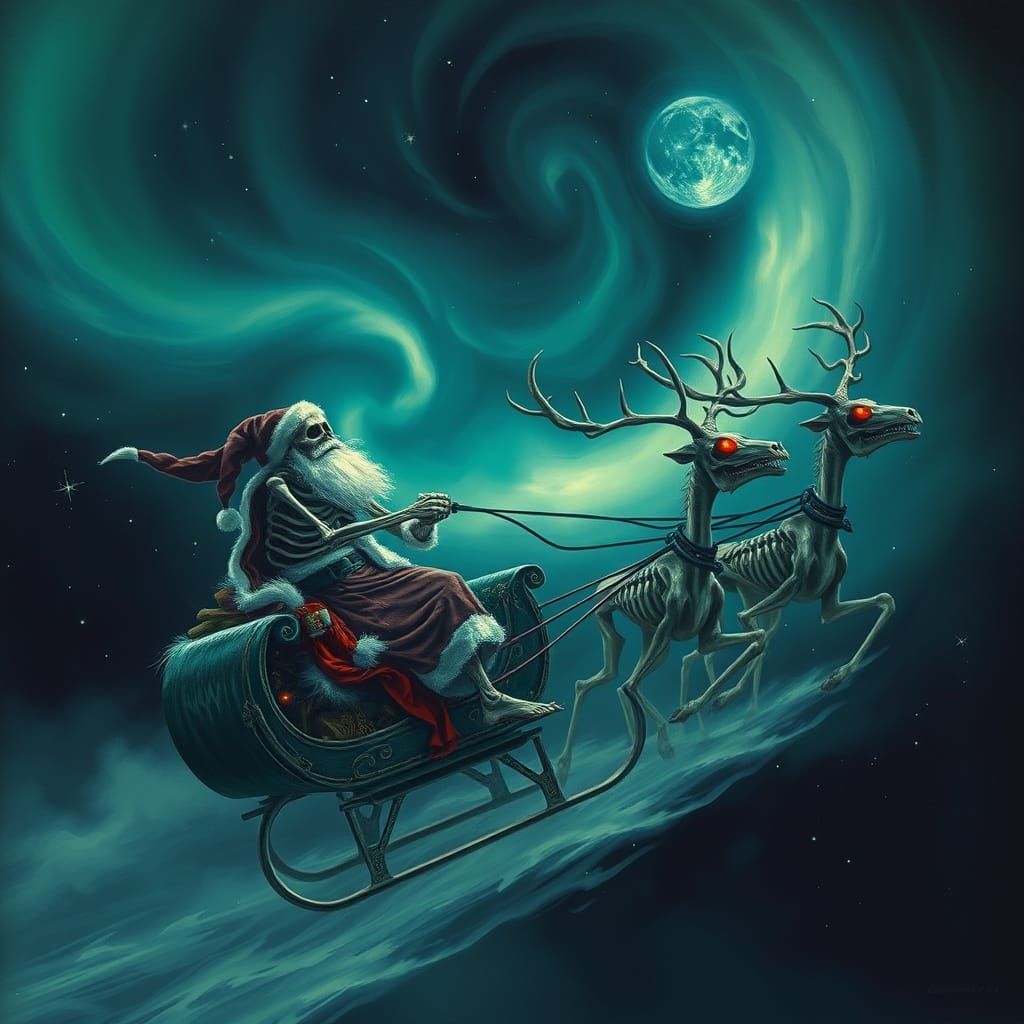 Skeletal Santa Claus Rides Spectral Sleigh Through Aurora